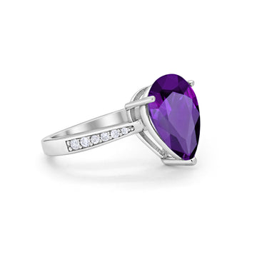 Teardrop Pear Bridal Ring Round Simulated Amethyst CZ 925 Sterling Silver